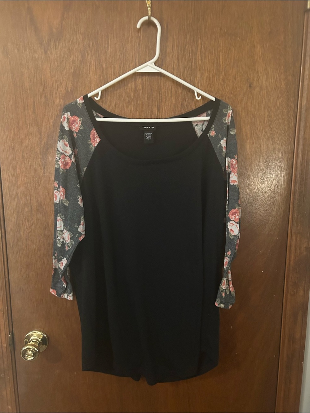 torrid Black Scoop-Neck Top with Floral Raglan Sleeves